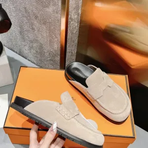 Designer High Quality Hermes Slippers Red Sheepskin Suede Summer