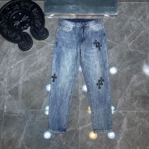 Reps Chrome Hearts Pants Blue Cotton Leather Patchwork Denim Embroidery Patch