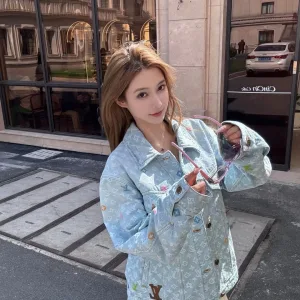 High Quality AAA Louis Vuitton Jacket Red Twill Jacquard Denim Pattern Embroidery Patch