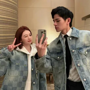 Designer Luxury Louis Vuitton Jacket Red Twill Jacquard Fabric Denim Pattern Drawstring Adjustment