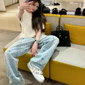 Super Clone Louis Vuitton Jeans Red Twill Jacquard Denim Pattern Embroidery Patch