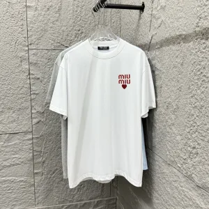 High Quality Luxury Miu Short-Sleeved T-Shirt Red Cotton Spring Summer Embroidery