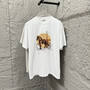 Designer Super Clone Hermes Short-Sleeved T-Shirt Red Cotton Spring Summer