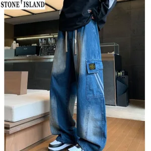 Reps Designer Stone Island Trousers Red Cotton Denim Autumn Slim Fit