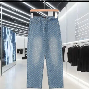 Designer Louis Vuitton Trousers Red Jacquard Denim Pattern Slim Fit