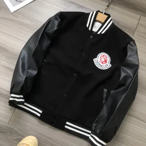 Reps Designer Moncler Jacket Black Wool Blend Pu Leather Embroidery