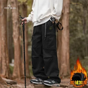 Luxury Stone Island Work Pants Red Fleece