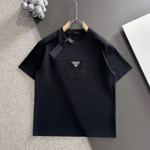 High Quality AAA Prada Short Sleeves Black Cotton Pure Spring Autumn Embroidery
