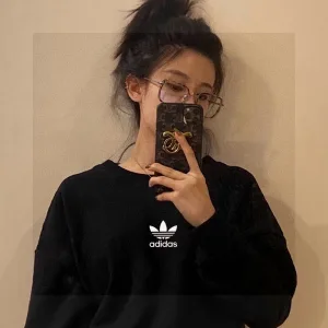 High Quality Adidas Hoodie Black Cotton Fleece Autumn