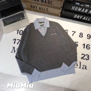 High Quality Miu Long-Sleeved Shirt Blue Cotton Wool Blend Nylon Color Blocking