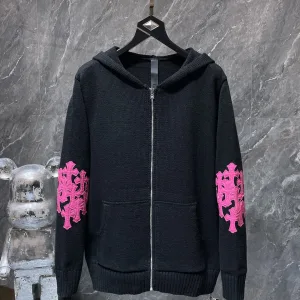 Super Clone Reps Chrome Hearts Sweater Red Wool Blend Leather Patchwork Autumn Winter Patch