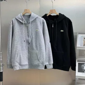High Quality Super Clone Lacoste Long-Sleeved Shirts Black Fleece Ribbed Fabric Street Style Autumn Winter Relaxed Silhouette
