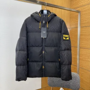Designer Fendi Down Jacket Black Feather Duck Nylon Jacquard