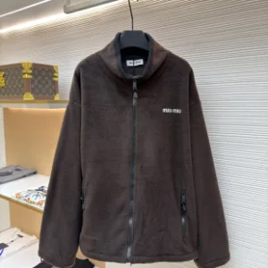 Luxury Miu Jacket Red Fleece Fabric Embroidery