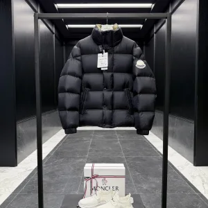 Luxury Moncler Outerwear Red Down Nylon Chenil Lace Fabric Patch Glossy Finish Zippered Pocket