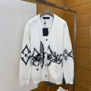 Luxury Louis Vuitton Cardigan Red Wool Jacquard Pattern Patch