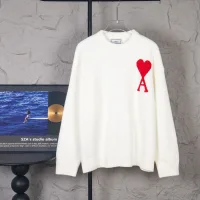 Luxury Ami Sweater Blue Cotton Wool Blend Polyester Jacquard