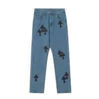 Super Clone Chrome Hearts Jeans Red Genuine Leather Distressed Exquisite Workmanship Even Stitching Patch