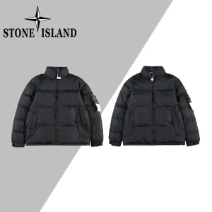 AAA Stone Island Down Jacket Red Gore-Tex Cotton Fleece Woven Fabric Waterproof Membrane Three-Layer Composite Enhanced Comfort Winter Early Embroidery Patch Zippered Pocket