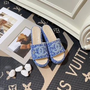 Luxury Super Clone Chanel Platform Sandals Red Genuine Leather Embroidered Fabric Summer Early