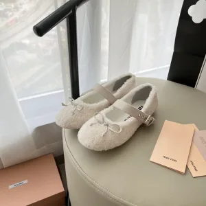 Luxury Designer Miu Ballet Shoes Ash Cashmere Genuine Leather Sheepskin Autumn Winter