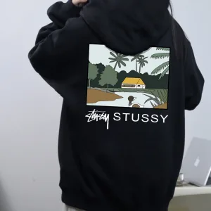 Designer Stussy Hoodies Black Cotton Fleece Winter