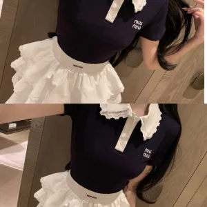 Luxury Miu Miu Lace Short-Sleeved T-Shirt