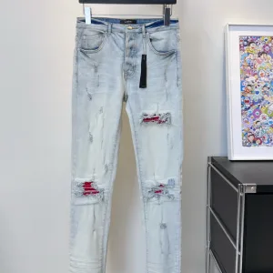 Reps Ami Jeans Red Distressed Street Style Streetwear Slim Fit Patch