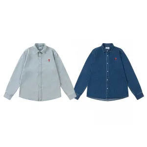 Super Clone Ami Long-Sleeved Shirts Red Down Denim Street Style Flattering Fit For All Body Types
