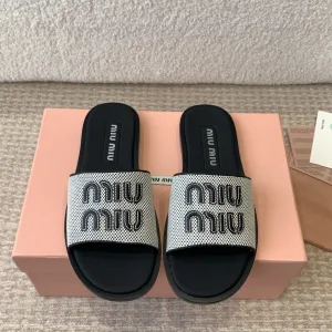 Luxury Miu Slippers Genuine Leather Sheepskin Woven Upper