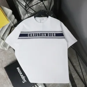 AAA Dior Short-Sleeved T-Shirt Blue Cotton Combed Ribbed Fabric