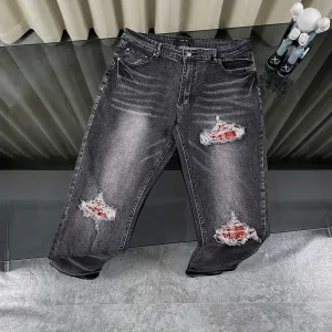 Luxury Ami Pants Red Distressed Jeans Street Style Streetwear Slim Fit Patch