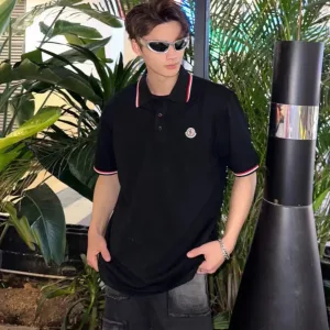 Luxury Super Clone Moncler Short-Sleeved Shirts Black Cotton Silk Piqu