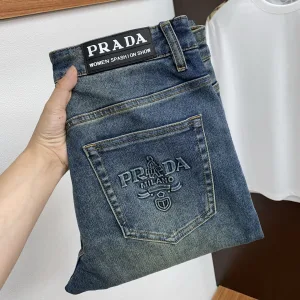 AAA Prada Jeans Red Genuine Leather Denim High-End Quality Autumn Winter