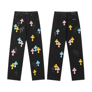 Luxury Chrome Hearts Jeans Ash Genuine Leather Even Stitching Embroidery Patch