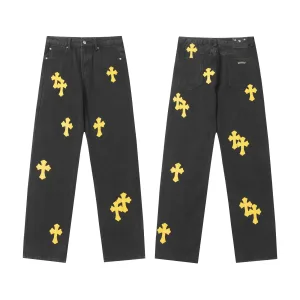 AAA Chrome Hearts Jeans Yellow Genuine Leather Even Stitching Patch