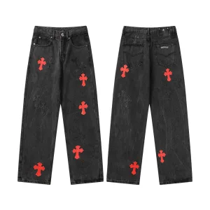 Luxury Chrome Hearts Jeans Red Genuine Leather Even Stitching Patch