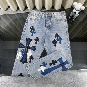 Designer Chrome Hearts Jeans Red Genuine Leather Woven Fabric Denim Patch