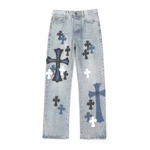 Super Clone AAA Chrome Hearts Jeans Red Genuine Leather Woven Fabric Patchwork Patch