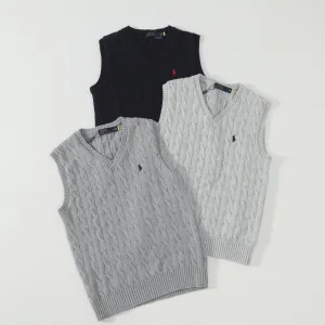 High Quality Luxury Ralph Lauren Vest Red Cotton Pure Jacquard Cable Knit Retro Preppy Style Pattern