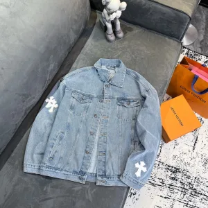 Luxury Chrome Hearts Outerwear Red Microfiber Sheepskin Leather Denim Embroidery