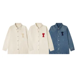Luxury High Quality Ami Long-Sleeved Shirts Red Down Denim Street Style Autumn Embroidery Flattering Fit For All Body Types