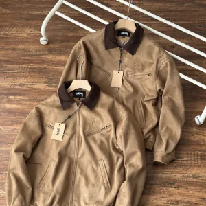 High Quality Stussy Coat Red Suede Corduroy Retro Workwear Embroidery