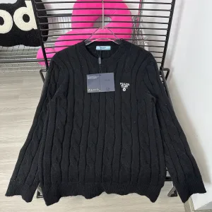 Designer Prada Sweater Black Cable Knit Simple And Elegant Spring Autumn Winter Patch