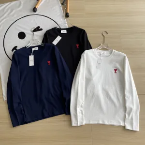 Super Clone AAA Ami Long-Sleeved T-Shirt Red Cotton Mercerized Simple Design Spring Autumn Winter