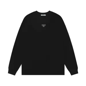 Super Clone Prada Long-Sleeved T-Shirt Black Cotton Pure Ribbed Fabric