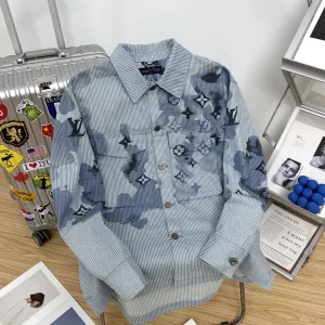 Luxury Louis Vuitton Long-Sleeved Shirt Blue Cotton Denim Street Style
