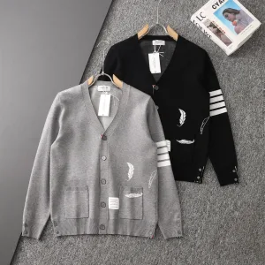 Designer Thom Browne Cardigan Red Wool Feather Jacquard