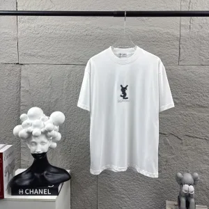 Luxury Designer Saint Laurent Short Sleeves Black Cotton Pure Fleece Spring