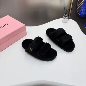 Luxury Miu Slippers Red Sheepskin Rubber Autumn Winter